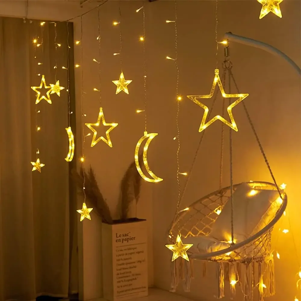Solar Curtain Lights Outdoor Moon Stars Fairy String Light 138LED USB Rechargeable 8 Modes Timmer Remote for Patio Backyard Tent