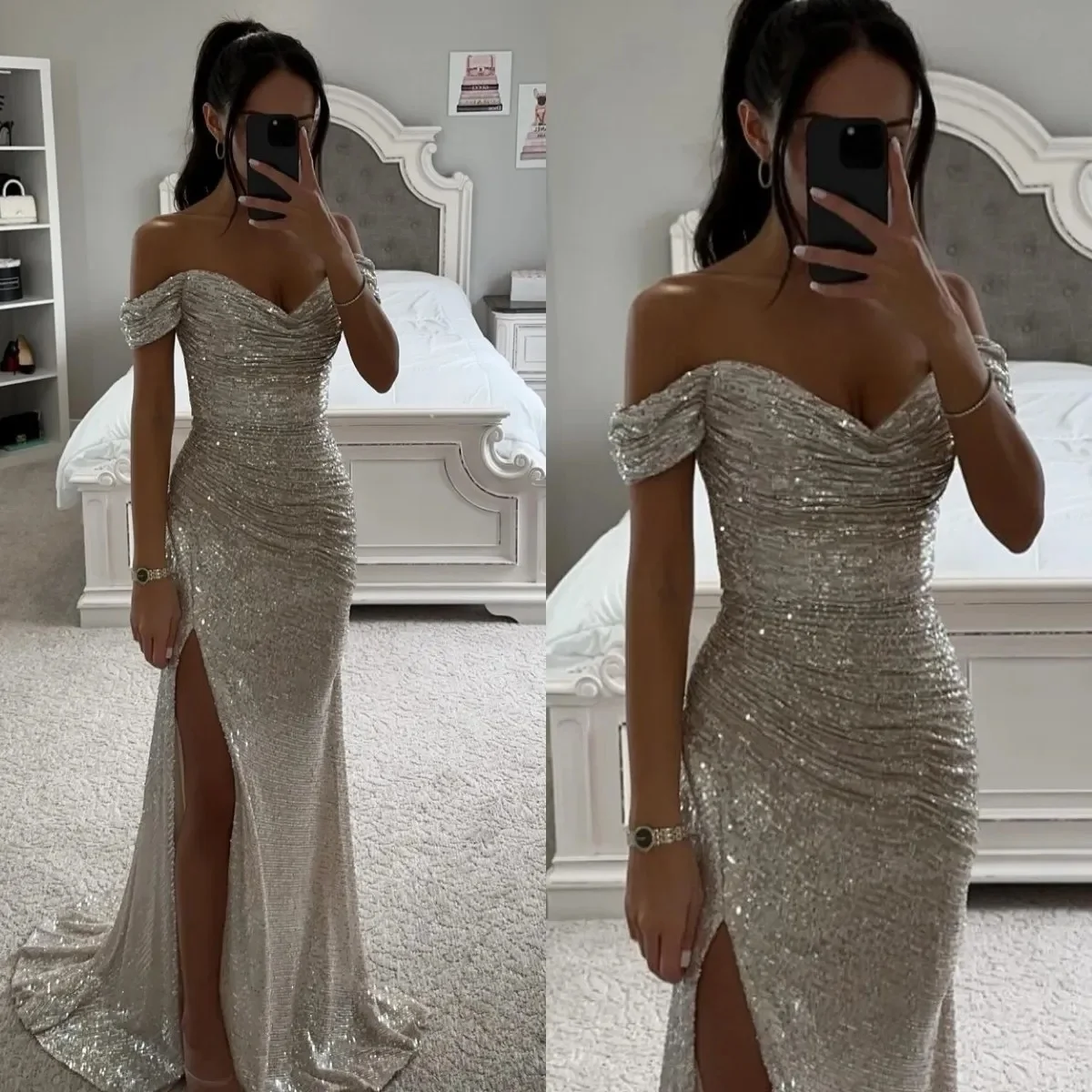 

Mermaid Prom Dresses Off Shoulder Glitter Sequins Evening Dress Pleats Split Formal Long Special Ocn Party Dress