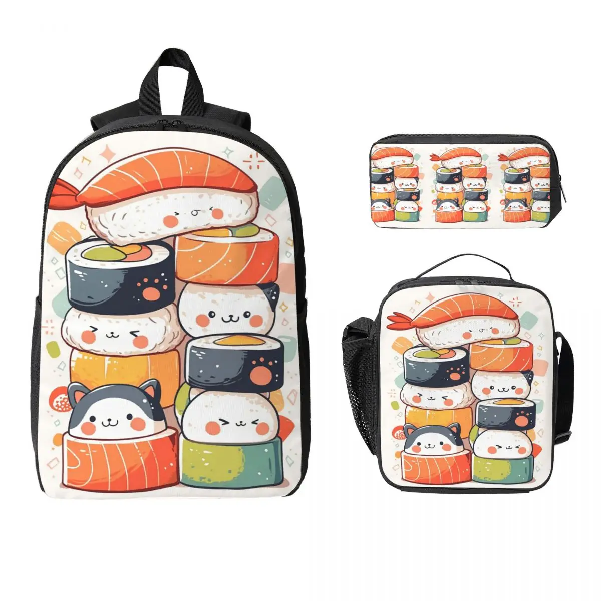 Adorable Sushi Pattern Cartoon Backpack Boys Girls BookBag School Bag Computer Shoulder Bags 3ps Insulated Lunch Bag Pencil Case