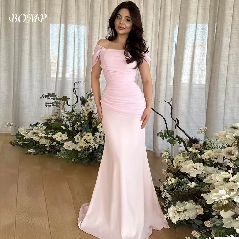 

BOMP Elegant Pink Wedding Party Dress Off Shoulder Short Sleeves Mermaid Floor Length Satin Evening Dresses Customized Classic