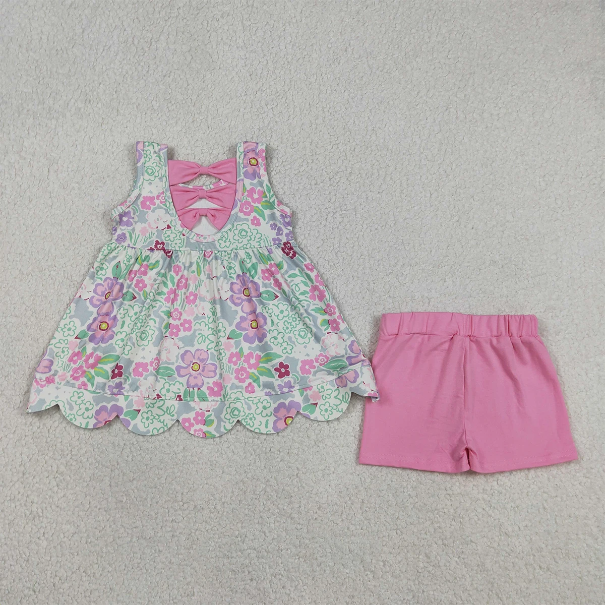 Kids Cutest Baby Girls Sleeveless Colorful Flowers Scallop Tunic Shorts Clothes Set Children Boutique Fashion Clothing Wholesale