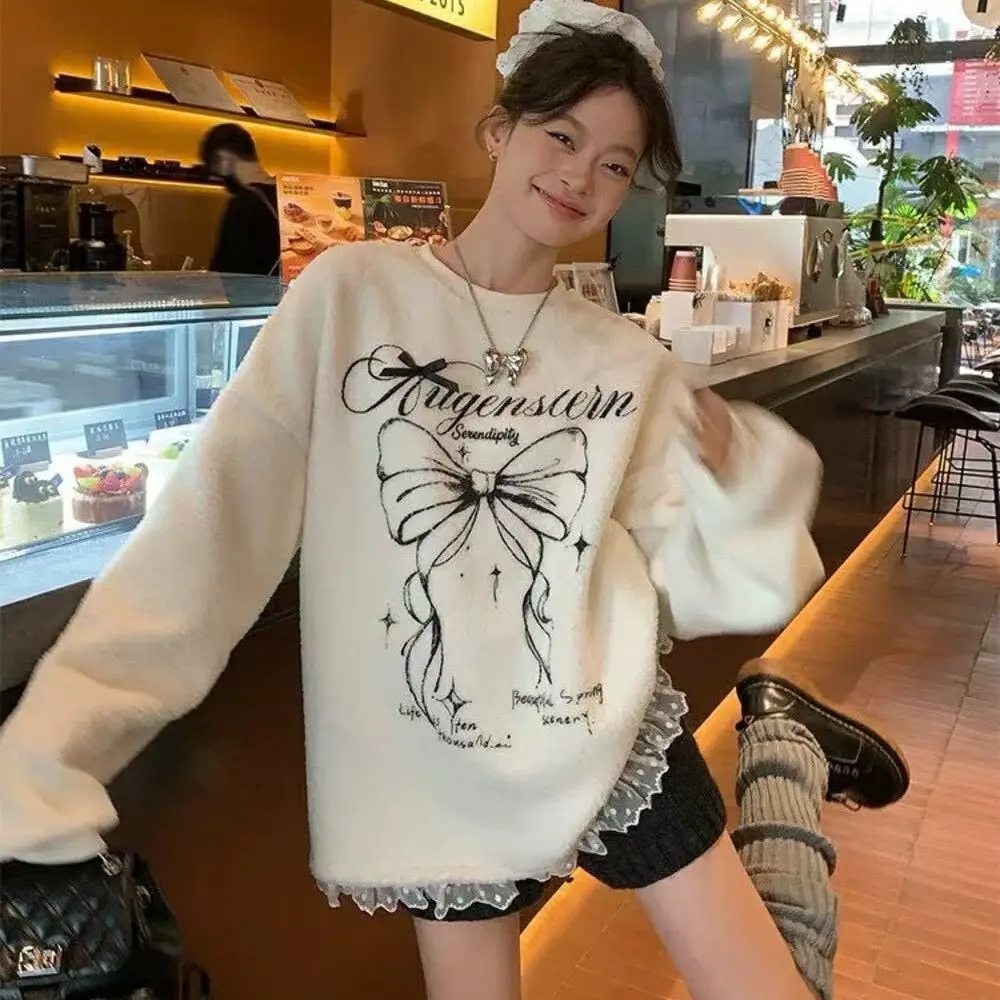 

Girly Terry Lace Stitching Bow Printed Sweatshirt Warm Faux Lambswool Top