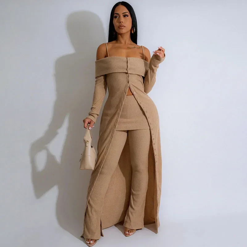 Winter Warm Thicken Sweater Matching Set Outfits for Women Knitted Off the Shoulder Coat and Flare Pants Enseble 2 Pieces Femme