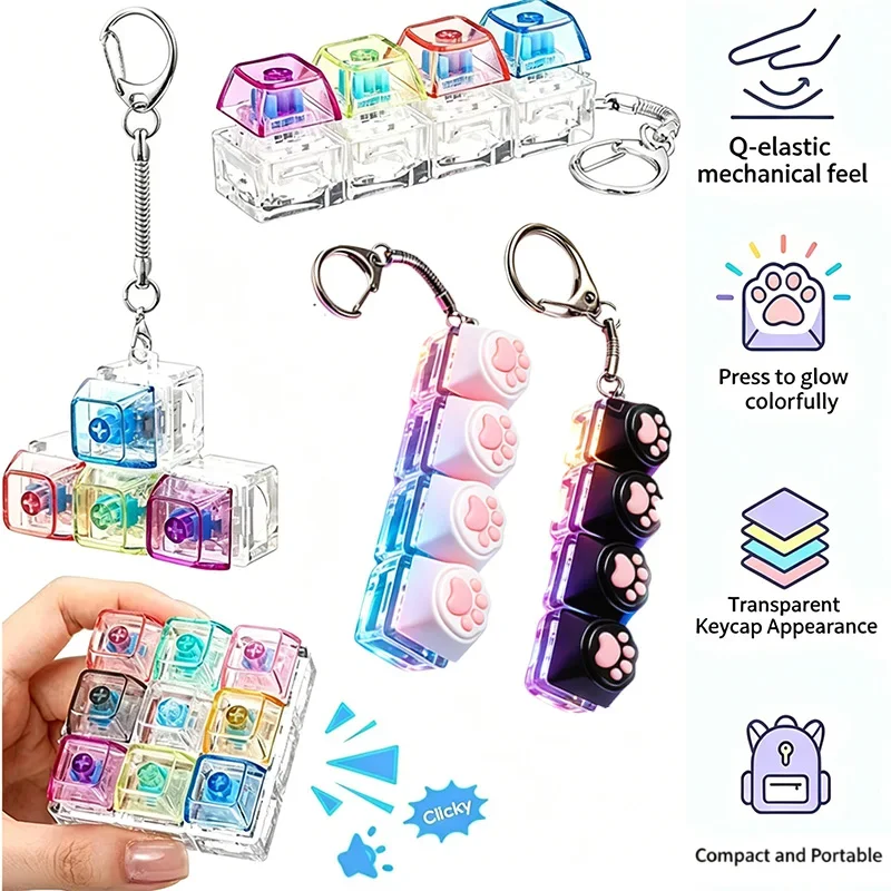 10 Styles LED Keyboard Keychain Fidget Toys Crystal Clicker Sensory Toy for Stress Relief Keyboard Keychain Fidget Toy for Adult