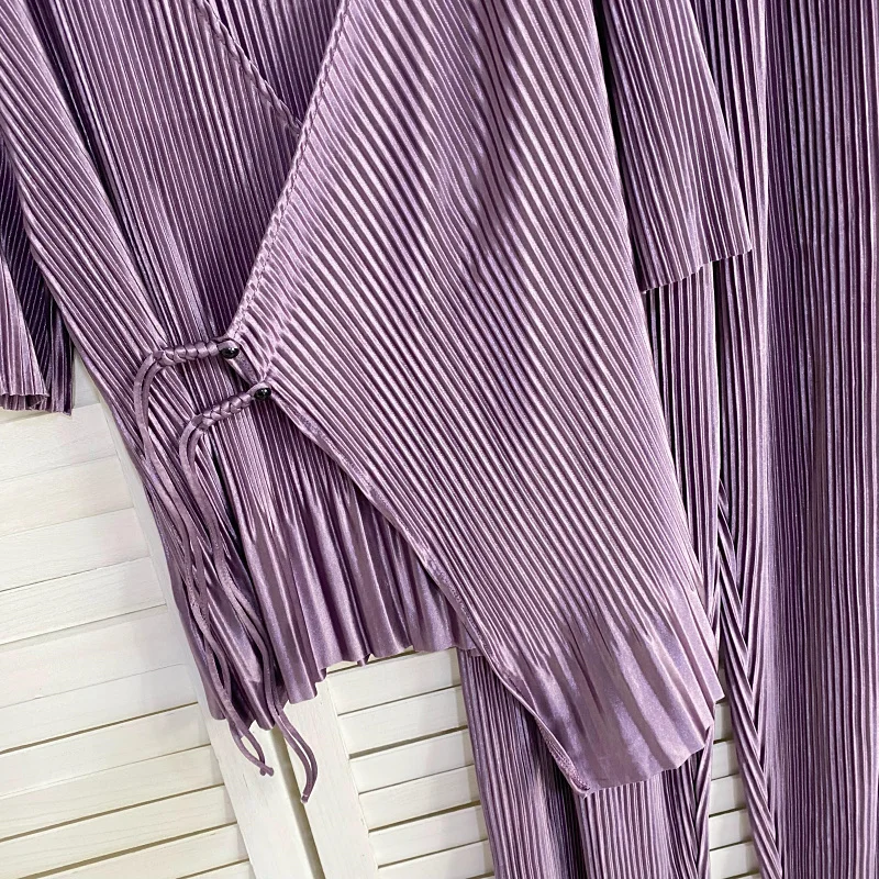 Pants Sets Fashion Elegant Pleated V-Neck Buckle Irregular Hem Tops High Waist Slim Wide Leg Pants Summer Two-Piece for Women