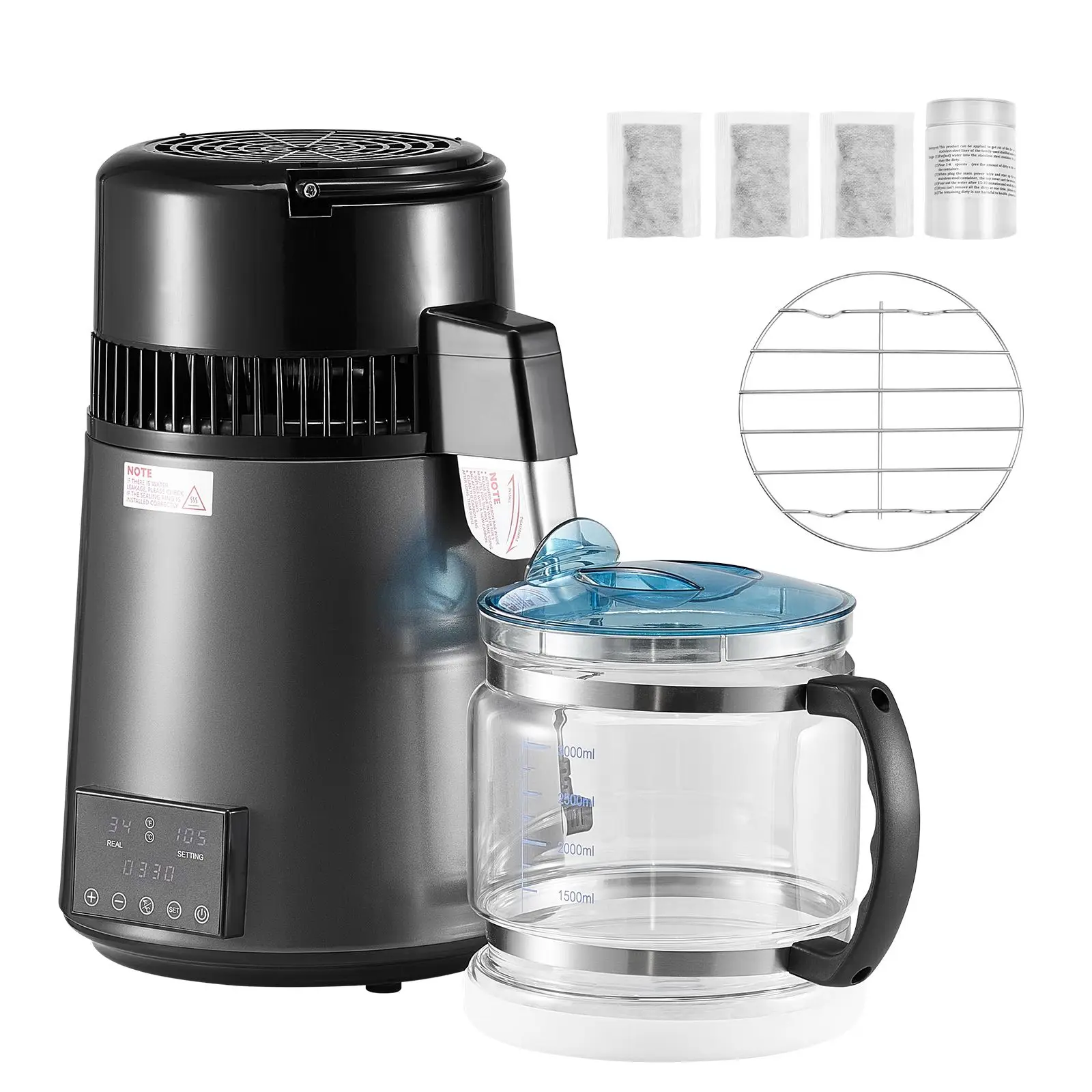 Water Distiller, 4L 1.1 Gallon Pure Purifier Filter For Home Table Countertop, 750W Distilled Maker with Glass Pot, Stainless