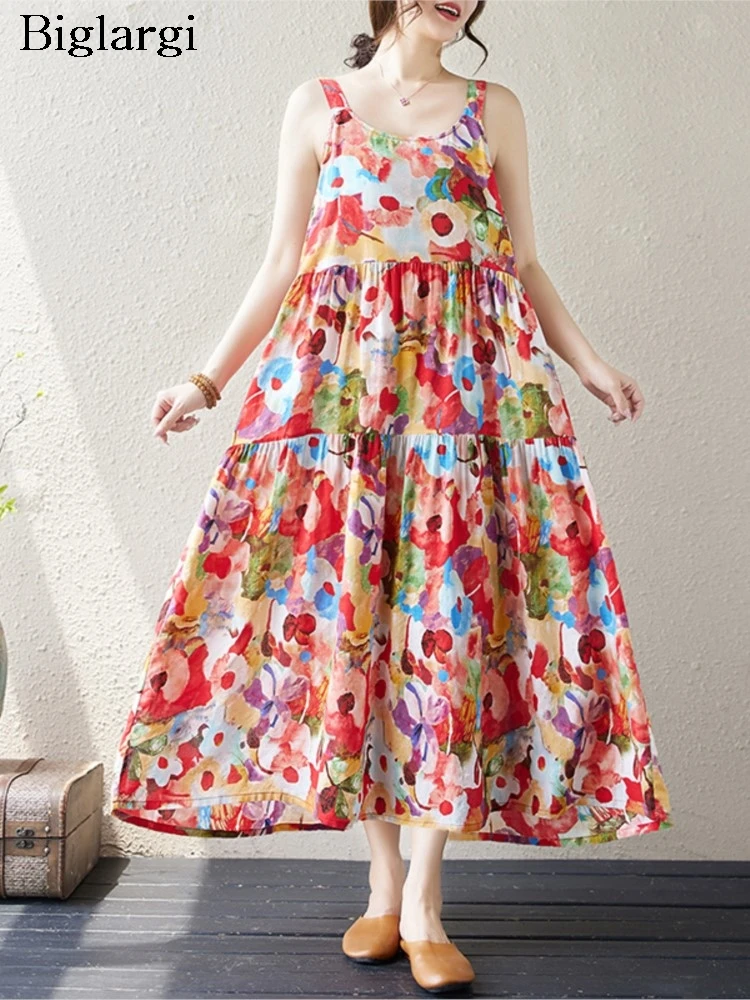 

Oversized Floral Print Summer Sleeveless Slip Dress Women A-Line Ruffle Pleated Fashion Ladies Dresses Loose Woman Long Dress