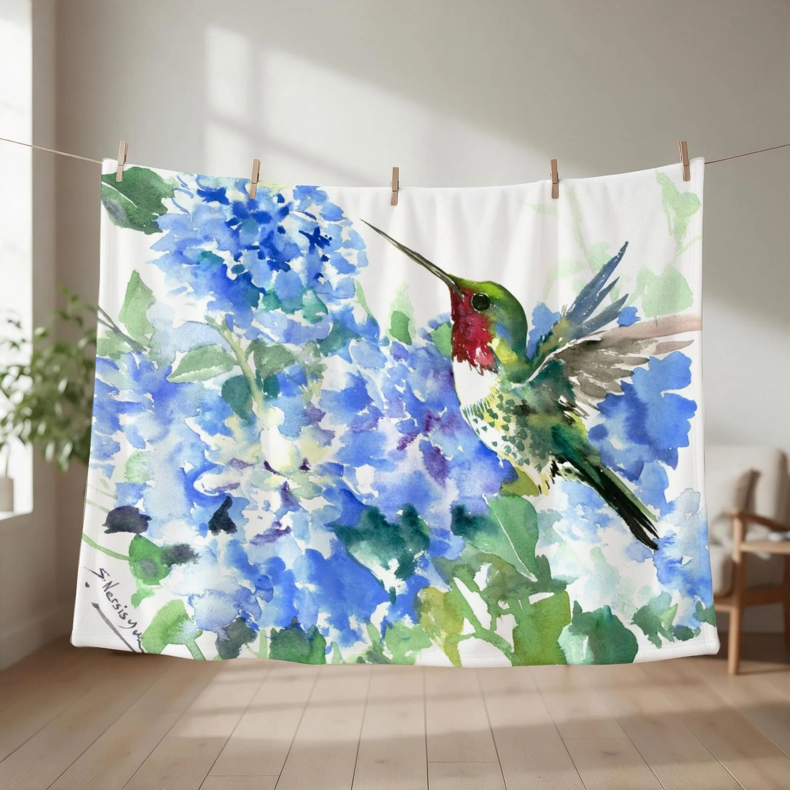 Hydrangea Flowers and Hummingbird Throw Blanket couch cozy soft plush fuzzy picnic outdoor blanket