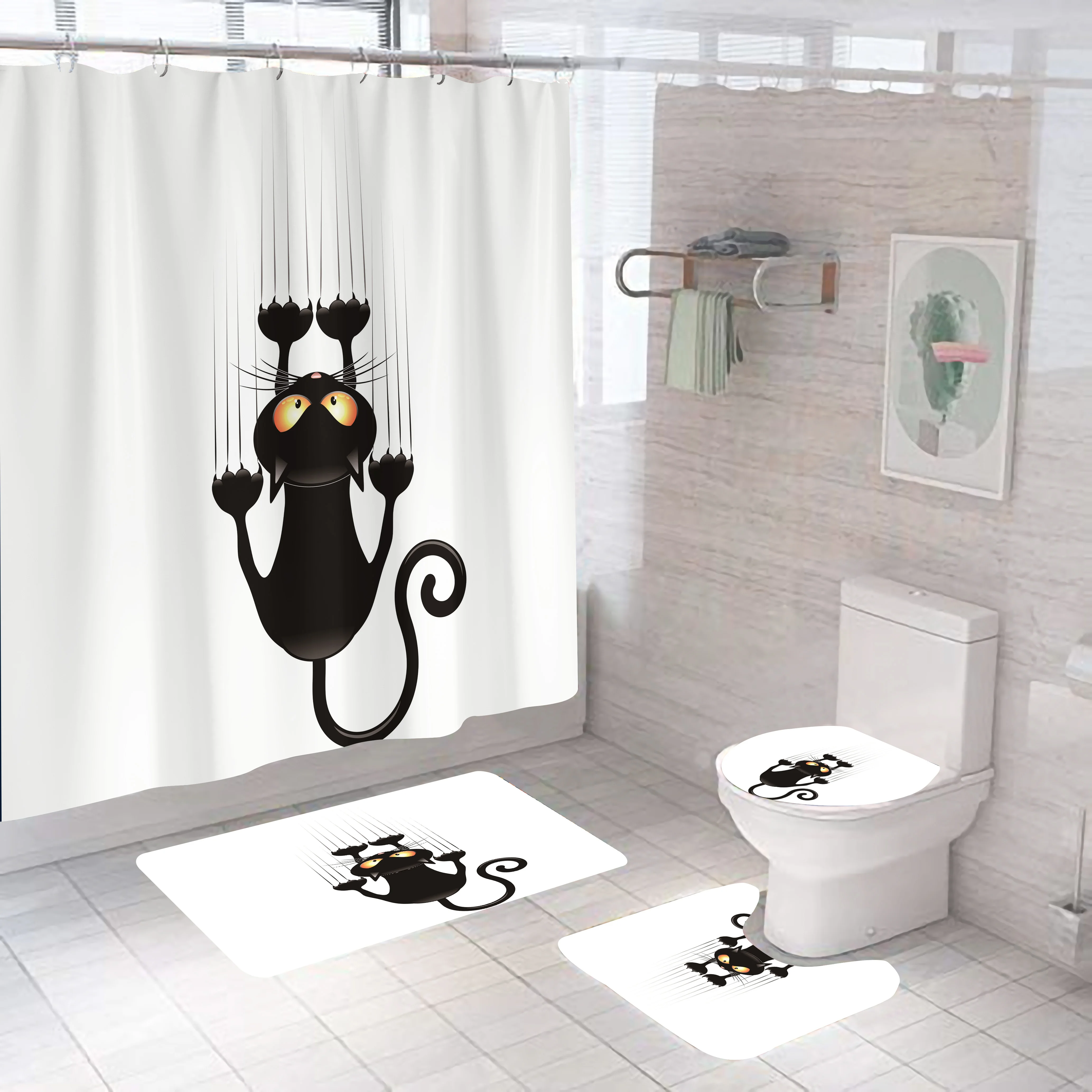 Cartoon Katze Duschvorhang Set Tier Schwarz Wasserdicht Bad Wc Deckel Sitzbezug Bad Rutschfeste Matte Teppich Badezimmer Decot Abdeckung – Detail 2