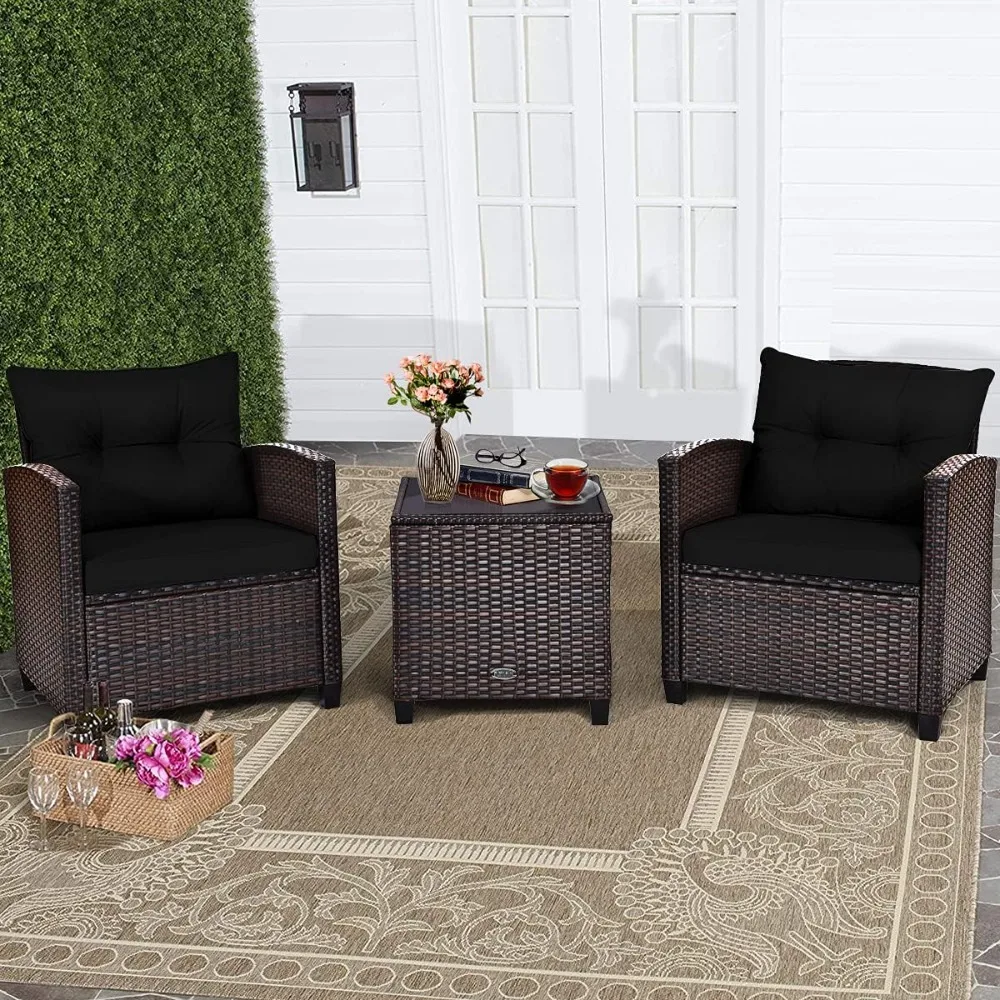 

3 Piece Patio Furniture Set, Wicker Bistro Conversation Set w/ 2 Cushioned Armchairs & Glass Topped Table, Outdoor Rattan Sofa