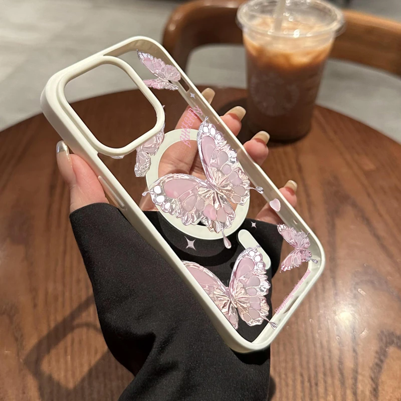 Niedliche Rosa Schmetterling Transparente Hülle für iPhone 17 16 11 15 14 Pro Max 13 12 Plus Hüllen für Magsafe Kabelloses Laden Luxus-Schutzhülle – Detail 4