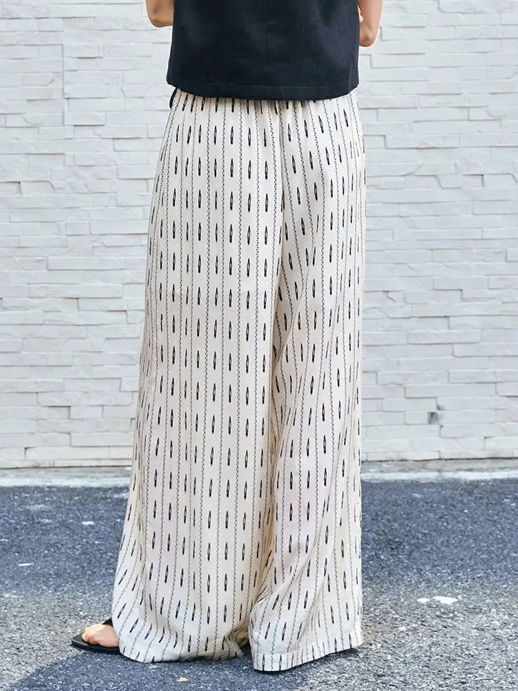 High Elastic Waist Apricot Pattern Linen Long Wide Leg Pants New Trousers Women Fashion Tide Spring Summer