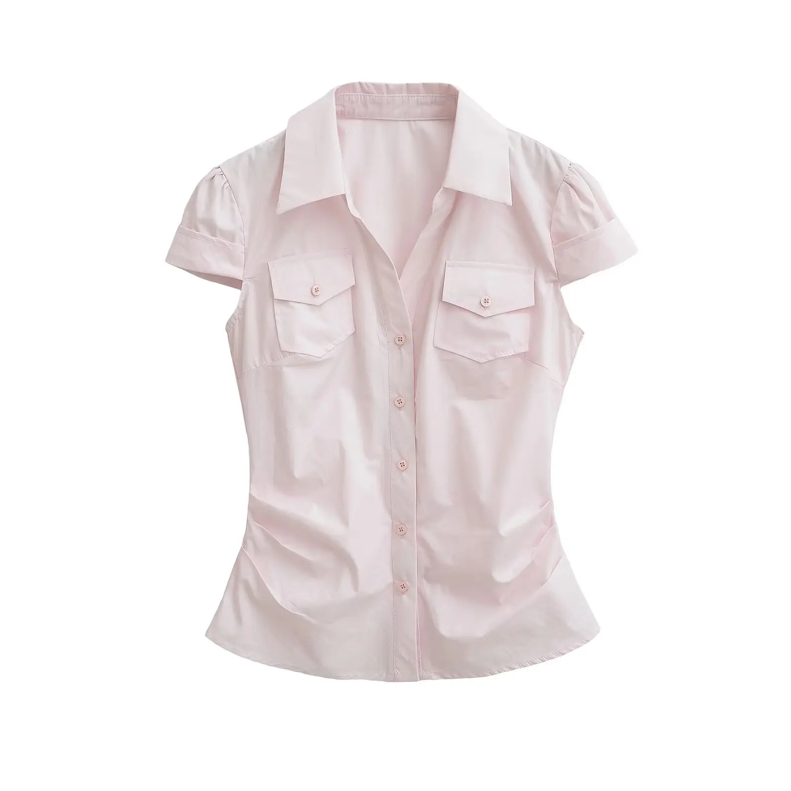 韓国風ウエストカットスリムフィット半袖シャツ レディース 夏新作 ポケット付きシャツ ピュアデザイアトップ 通勤スタイル 綿混紡