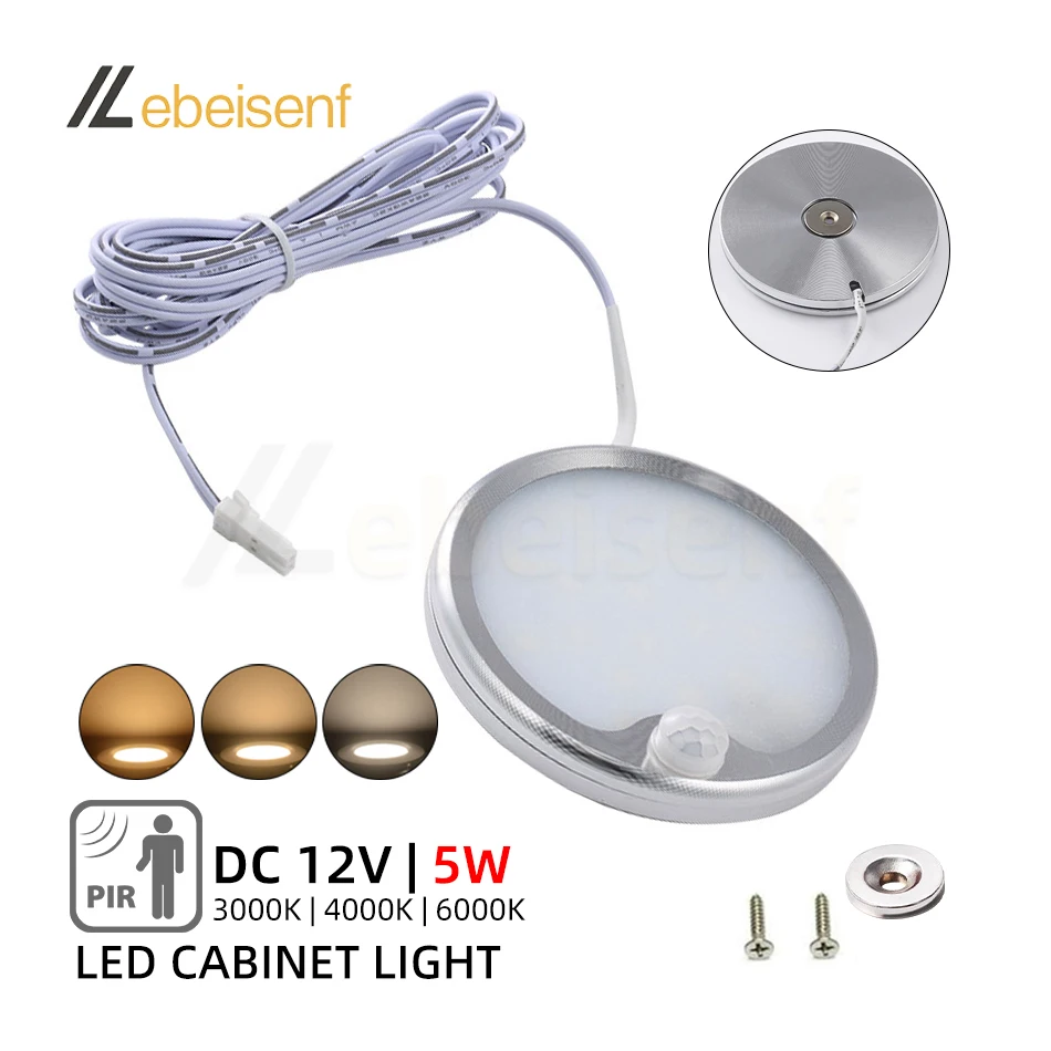 PIR Body Sensor Switch LED Cabinet Light DC 12V 5W No Hole Cutting Magnetic Mount Ceiling Light Ceiling Strip 2M Connector Cable