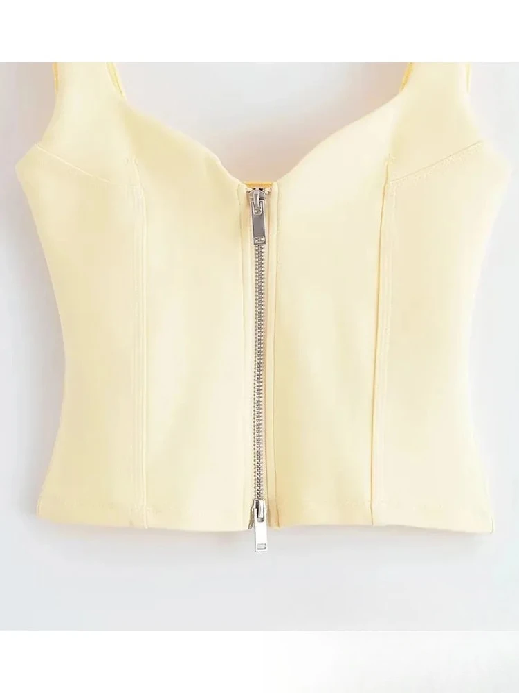 KONDALA Casual Chic Women Suit Yellow Solid Camisole Sleeveless Zipper Short Vest Lace-up Shorts Fashion 2025 Summer Female Sets