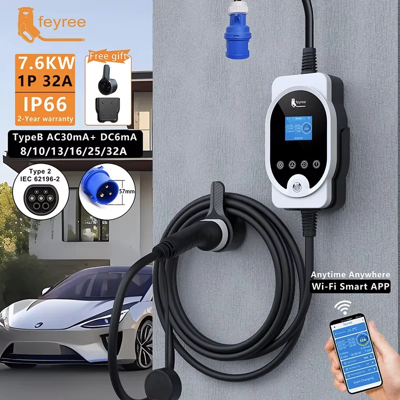 feyree EVSE Wallbox Type2 EV Charger 7KW 32A 1P Fast Charging APP Wi-Fi Control Setting Current & Charging Time for Electric Car