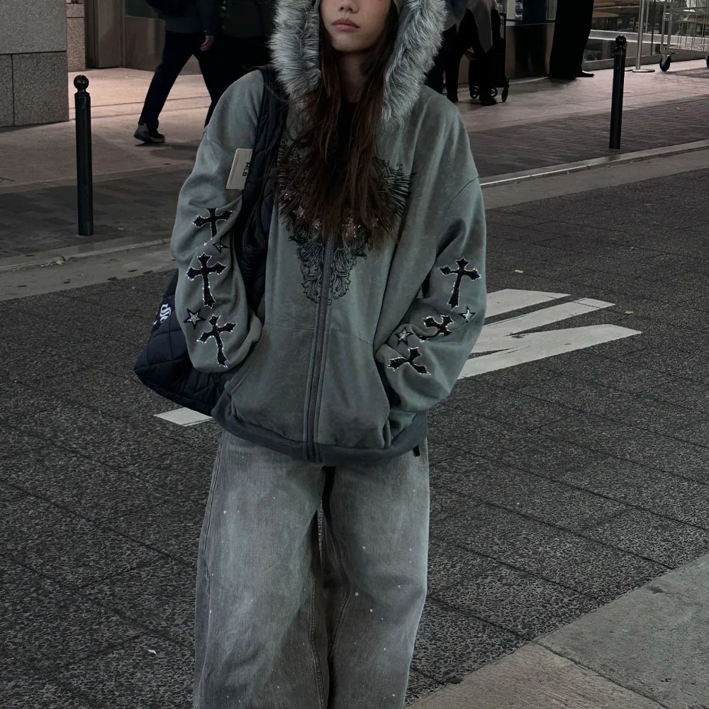 Y2K American Vintage Long Sleeve Hoodie Gothic Style Print Dark Retro Faux Fur Collar Patchwork Sweatshirt Women Streetwear