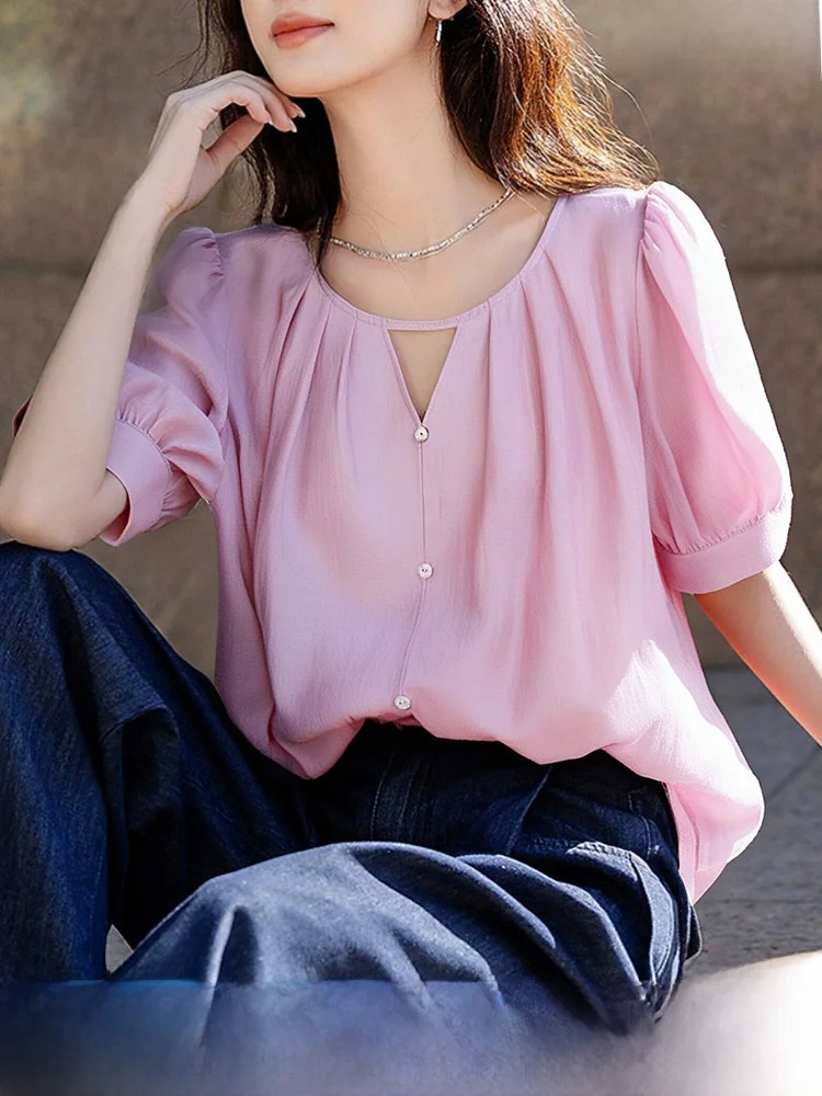 

Women's Loose Fit Short Sleeve Shirt V-Neck French Style Straight Cut Slimming Top Summer New Arrival Fashionable Casual Shirt