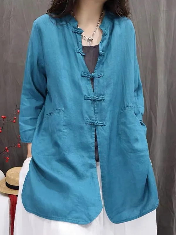 

Retro Artistic Cotton Linen irt Casual Pure Color Chinese Zen Nine Sve Tea Clothing Women's Collar Stand up Single Button