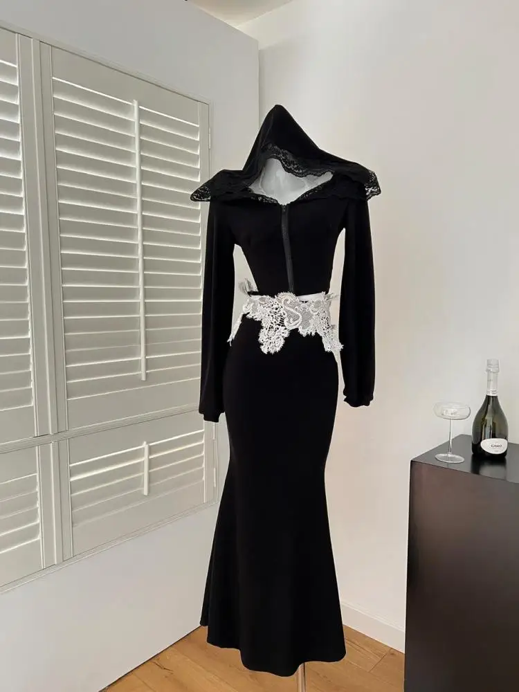 

Весенние женские черные лоскутные кружевные короткие топы с капюшоном на молнии и юбкой «рыбий хвост» с высокой талией Фестивальный комплект из двух предметов Популярный