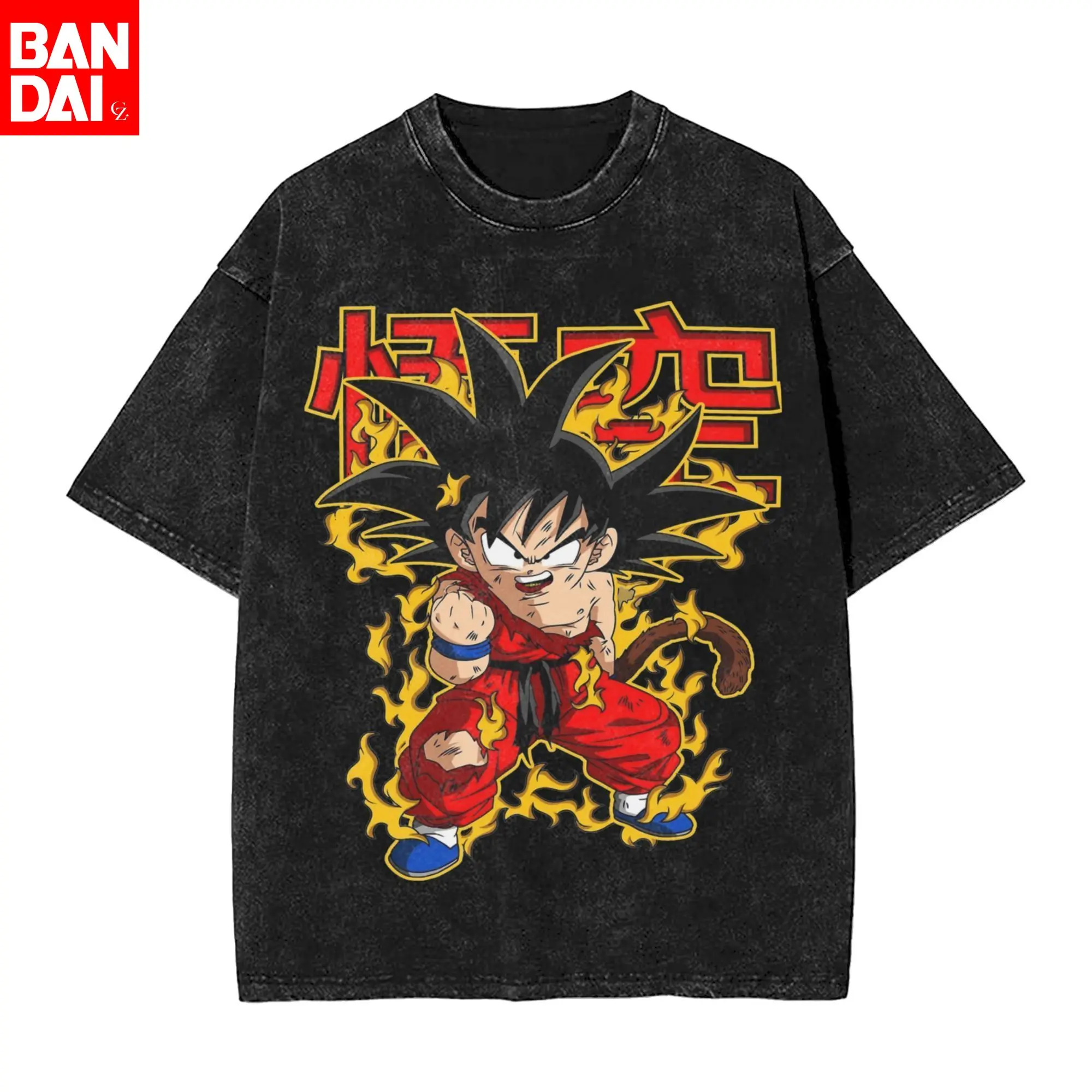 

Футболка мужская оверсайз с принтом Dragon Ball Kid Goku Flame Energy & Goku Kanji Vintage Wash, черная, летняя, 2026, аниме