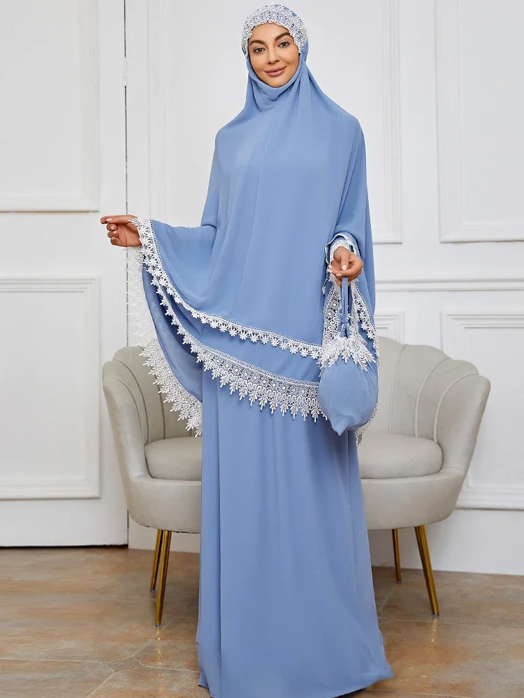Ramadan Khimar Abaya Muslim Women Prayer Garment Dubai Saudi Prayer Dress Lace Trim Silky 2 Piece Skirt Sets Eid Niqab jilbab