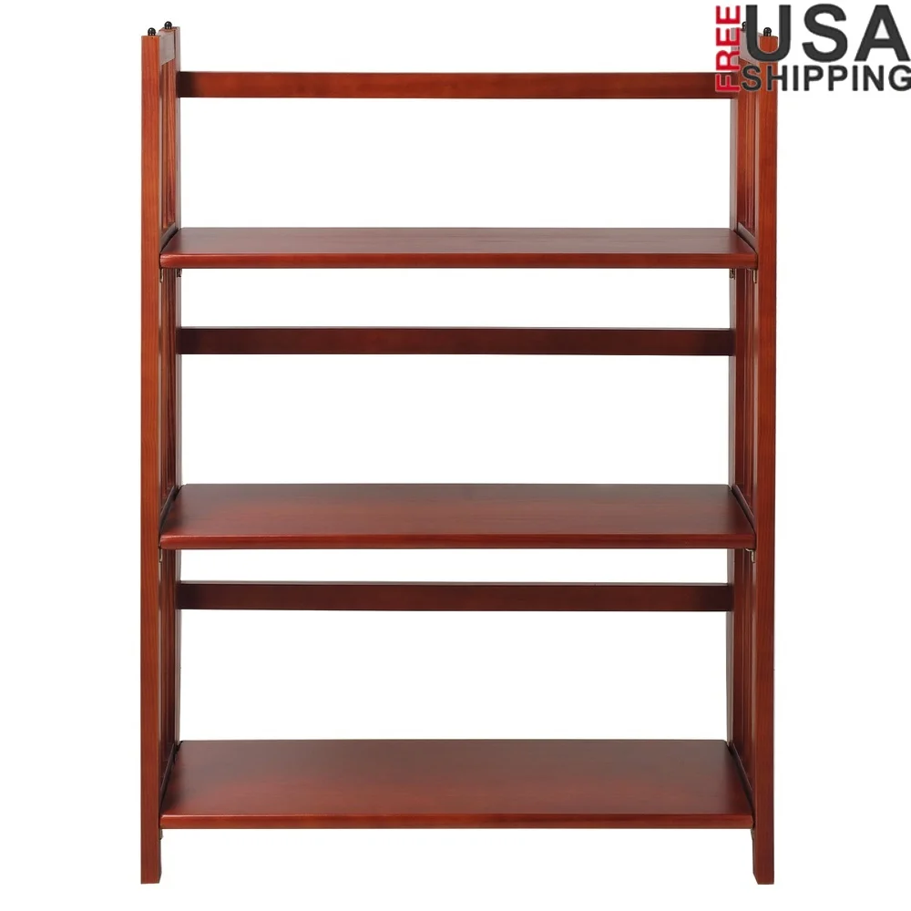 

Sturdy Folding Stackable Bookcase Solid Wood 3-Shelf Storage Organizer Mahogany Finish Ideal Home Office Decor