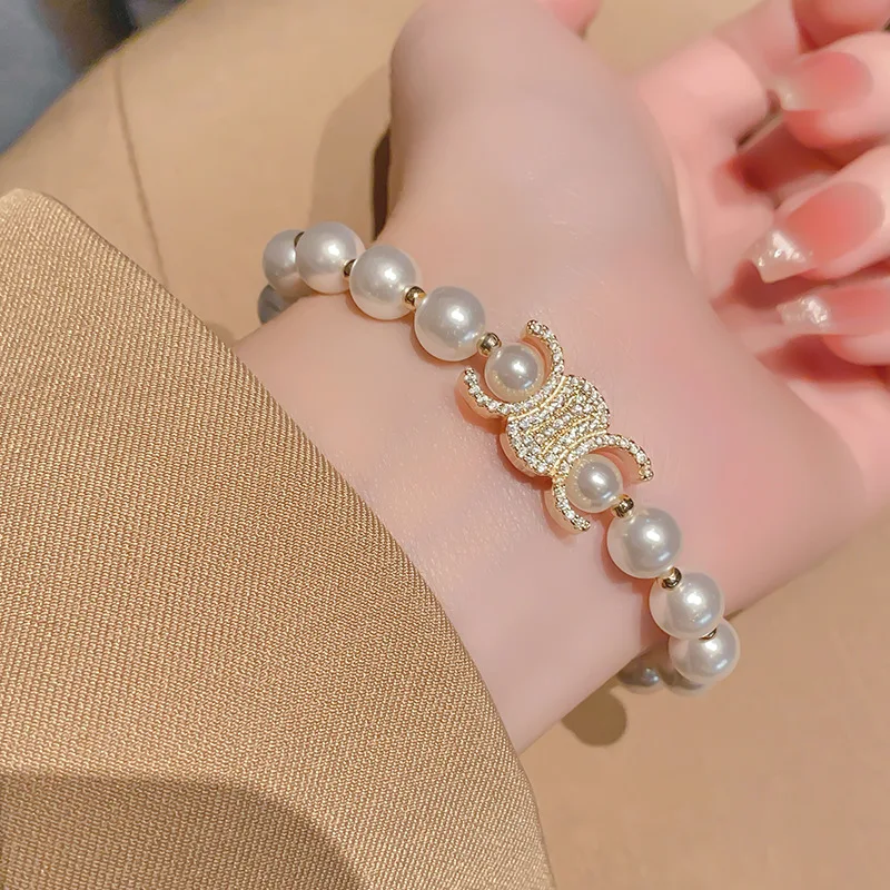 

Hot Sale Triumphal Arch Inlaid Zircon Bracelet Women CC Pearl Vintage Niche All-match Luxury Party Jewelry Gifts Wholesale