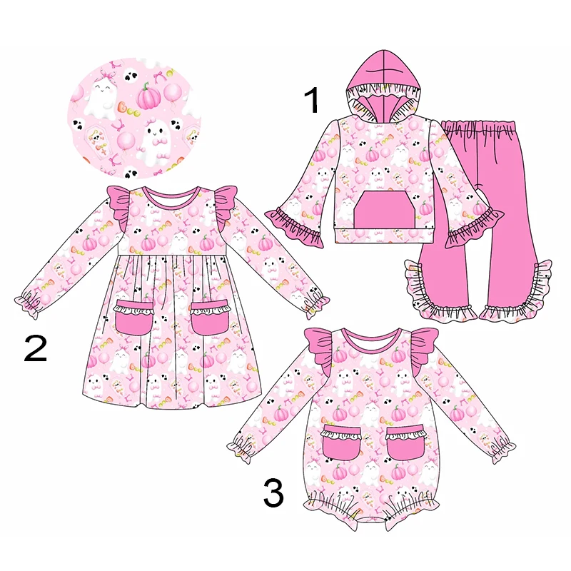 

Girls Halloween ghost pumpkin print long sleeve suit long sleeve jumpsuit milk silk boutique wholesale