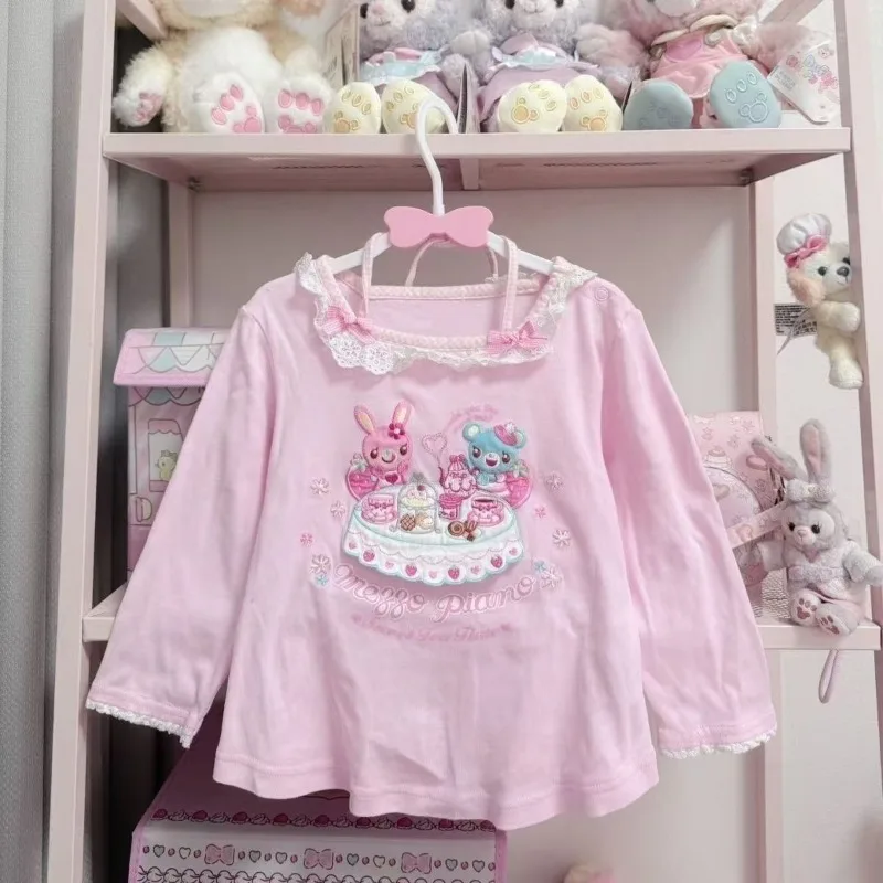

Японские кавайные футболки с мультяшным графическим принтом, женские розовые милые кружевные топы с вышивкой, футболки в стиле Харадзюку с милым бантом, одежда