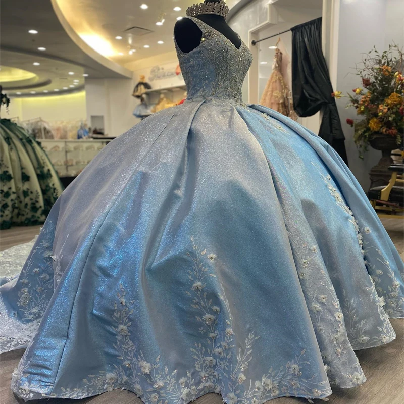 

Luxury Sky Blue Shiny Ball Gown Quinceanera Dress For Girls Applques Lace Beads Birthday Party Gowns Prom Dresses Lace Up Back