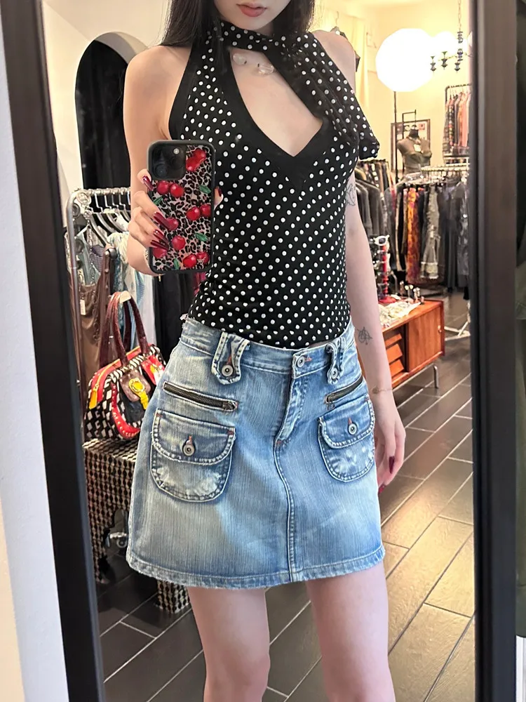 American Retro Black Polka Dot Halter Sleeveless Tops Women Casual Sexy Spice Girl Slim Strap Vest Summer Y2k Vintage Clothing