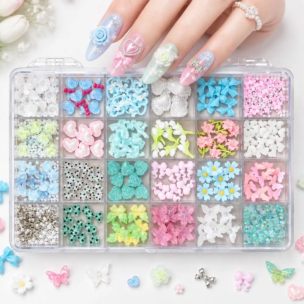 24Grids Vintage Pastel Nail Embellishments Retro Rose Bow Pearl Heart Set for Retro Themed Party DIY Manicure Nail Art Decor