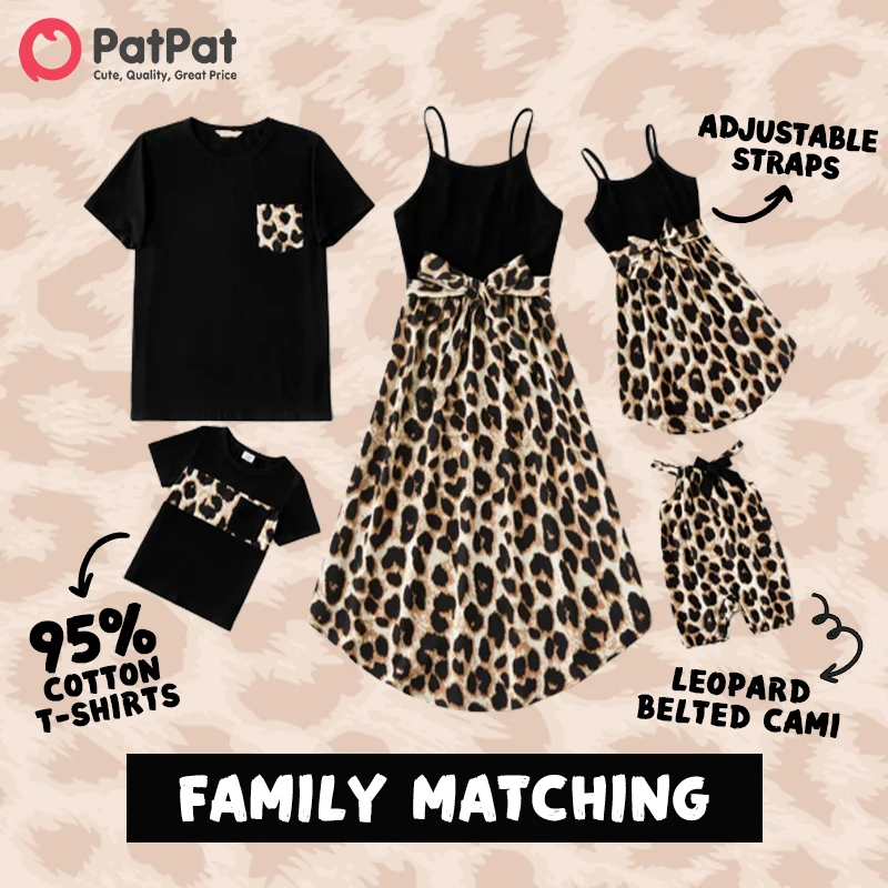 PatPat Family Matching 95% Cotton Short-sleeve T-shirts and Rib Knit Spliced Leopard Belted Cami Dresses Sets