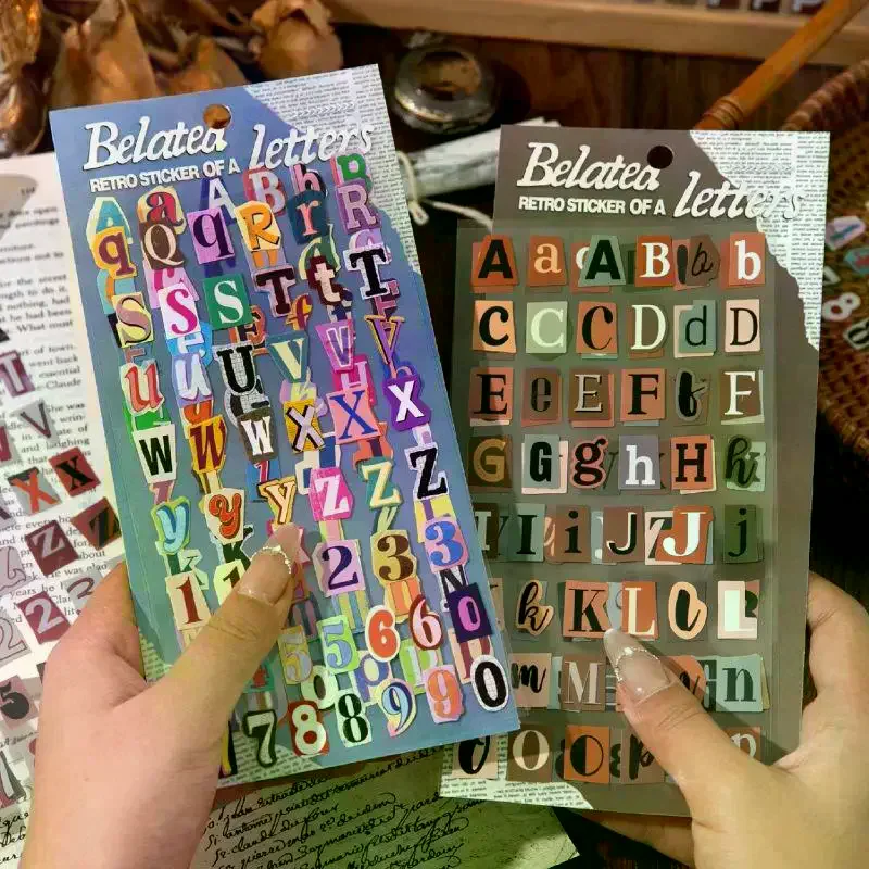 2 Sheets Vintage Scrapbook Aesthetic Journaling Supplies Kit English Alphabet Number Symbol Stickers Retro Letter Decals