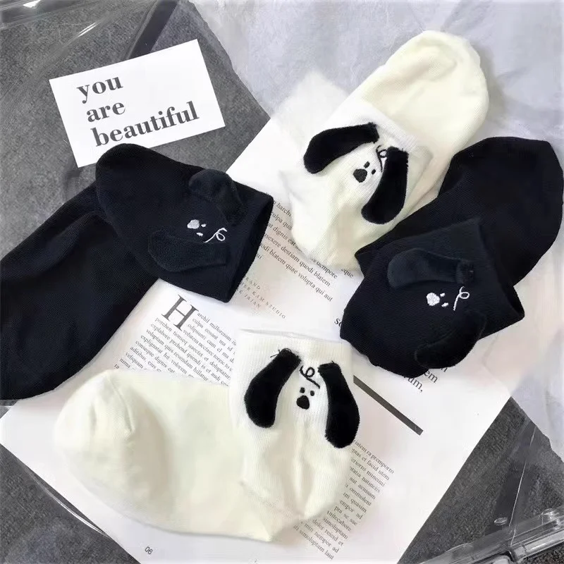 Happy Funny 3d Doll Eared Knitted Puppy Dog White Socks Women Cute Streetwear Novelty Gift White Cartoon Eyes Couples Sox Socks