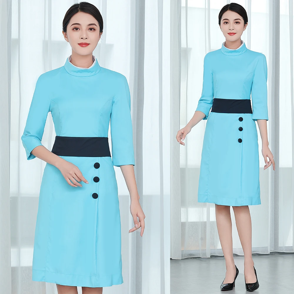 

Airline Company Captain Uniform Woman Stewardess Blue Dress Three Quarter Sleeve Professional Attire Etiquette Work Clothes Lady