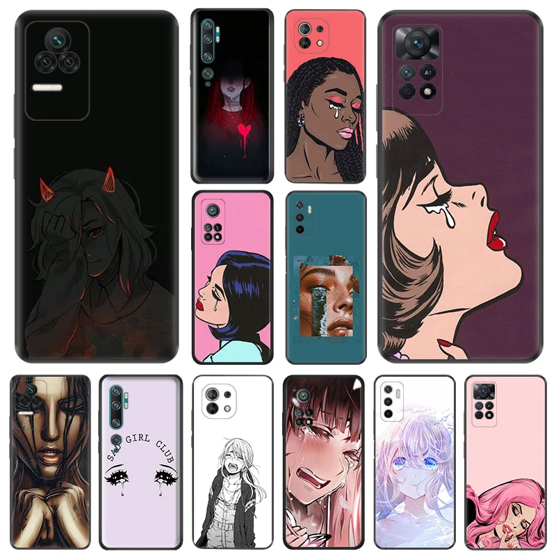 Soft Case for Redmi Note 11 11S 10 Lite 10S 12 12s Note11 Pro 5G 9 9T 8 8T 7 9S Crying Sad Girl Cartoon Black Phone Cases Cover