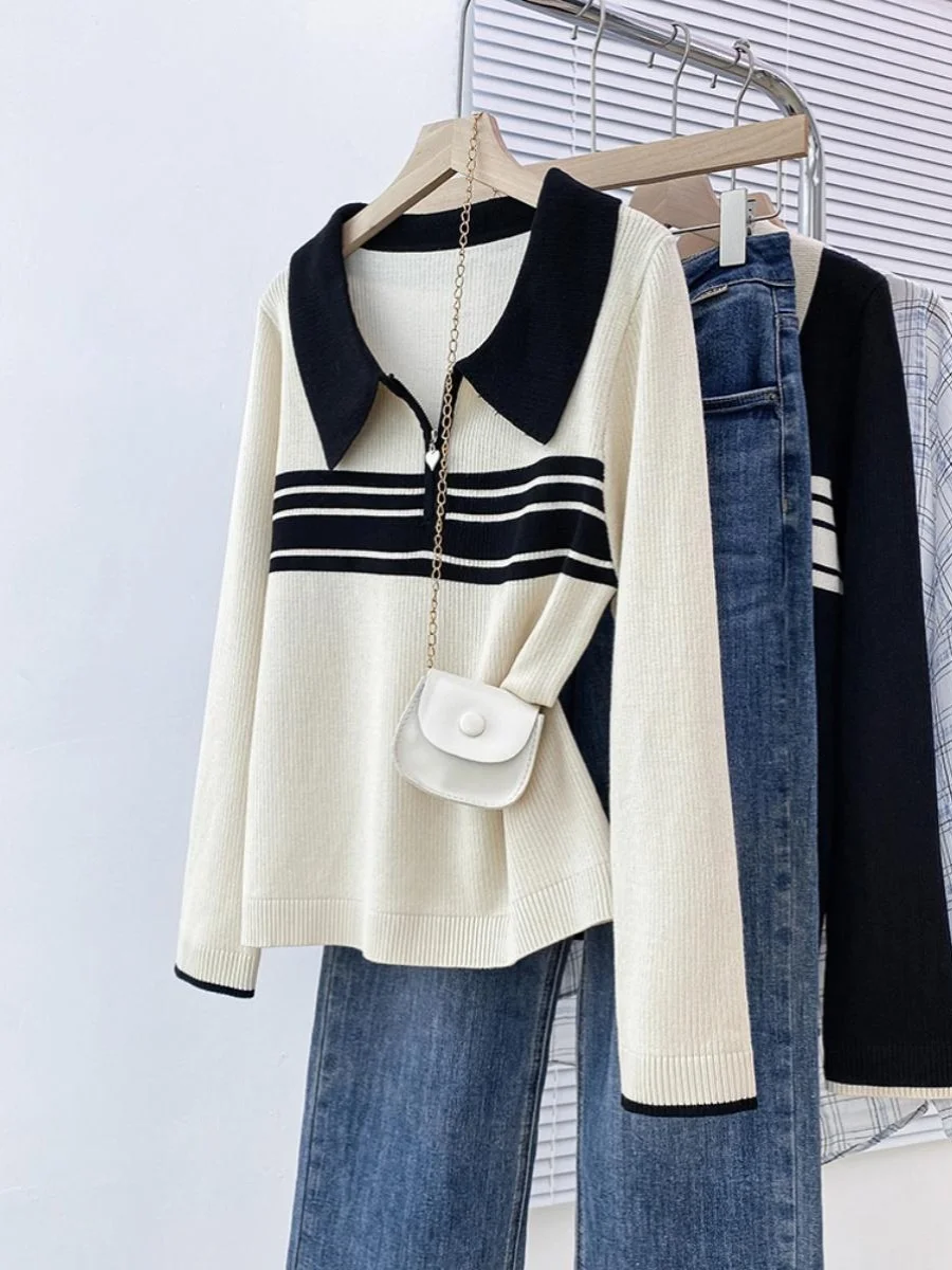 

Свободный вязаный свитер с воротником на молнии для женщин, осенне-зимний дизайн, цветной трикотаж, большие размеры, корейский V...