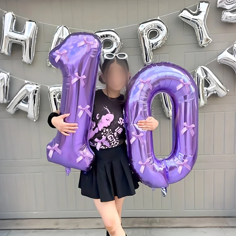 1pc 32-Inch Purple Number 0-9 Foil Balloon 10pcs Purple Satin Ribbon Bows  Birthday Party Decorations Anniversaries Photo Props