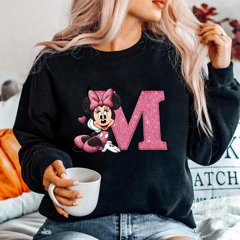 Pullovers Disney Minnie Alphabet A-Z Fashion Sweatshirts Hoodies Clothes Long Sleeves Clothing Autumn Ladies Top Black Clothing