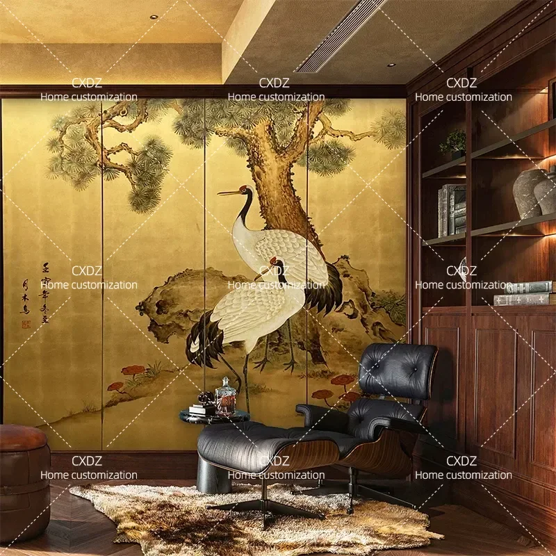 Chinese Retro Gold Foil Folding Screen Living Room Corner Partition Pine Crane Hand Painted Entrance Background Lacquer