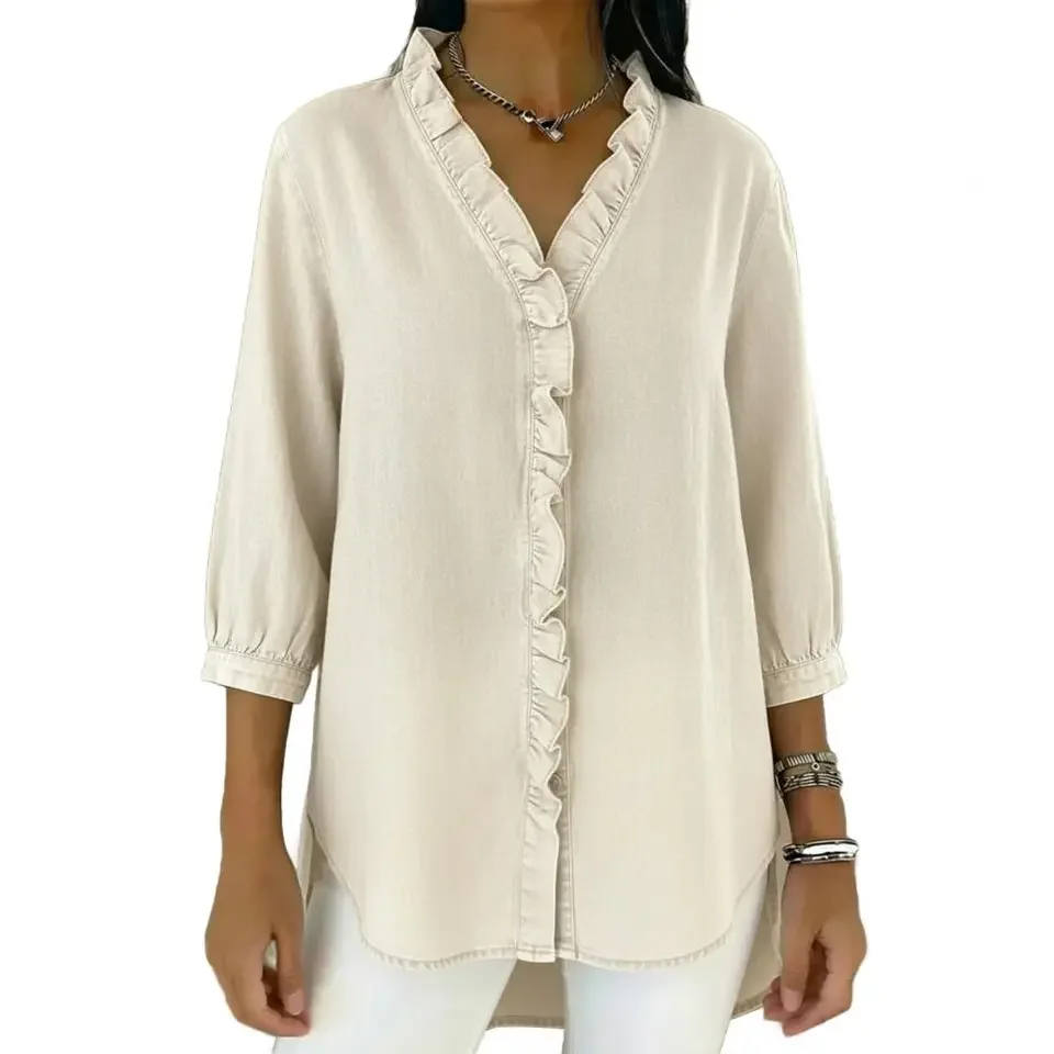 

Everyday Wear Women Shirt Women’s V-neck Ruffle Trim Shirt Tops 3/4 Sleeve Blouses Loose Fit Pure Color Denim Wear