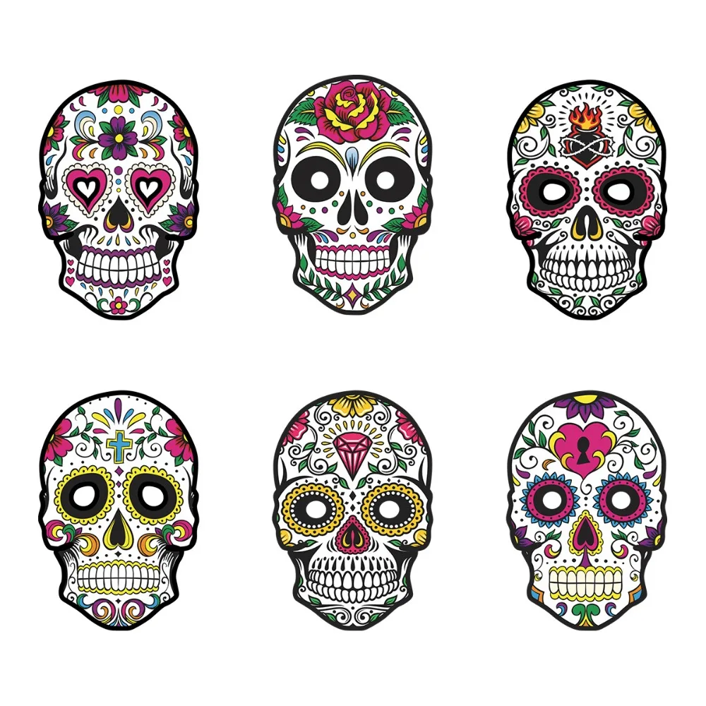 6Pcs New Full Face Halloween Skull Mask Lightweight Colorful Skull Face Mask Paper Mexican Skull Mask Party Decoration