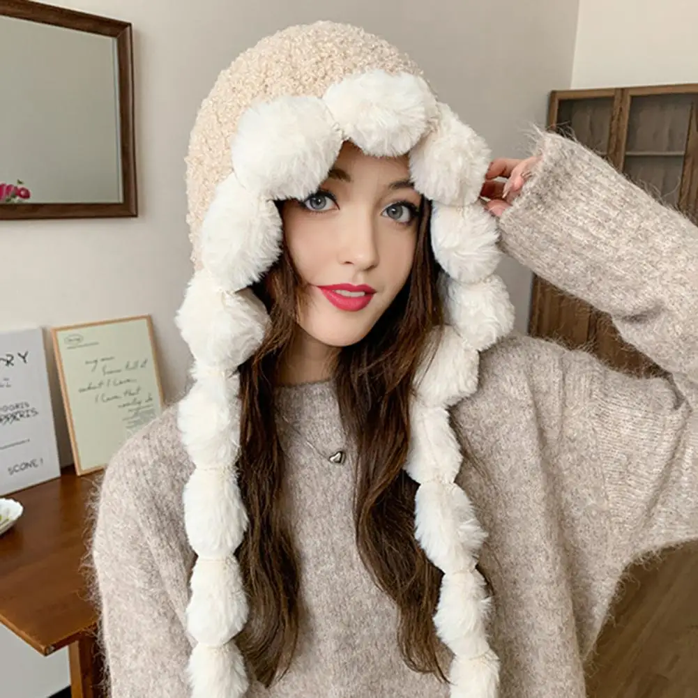 Thermal Knit Hat Winter Lace-up Strap Lei Feng Cap with Plush Lining Ball Decor Windproof Skiing Headwear for Women Outdoor