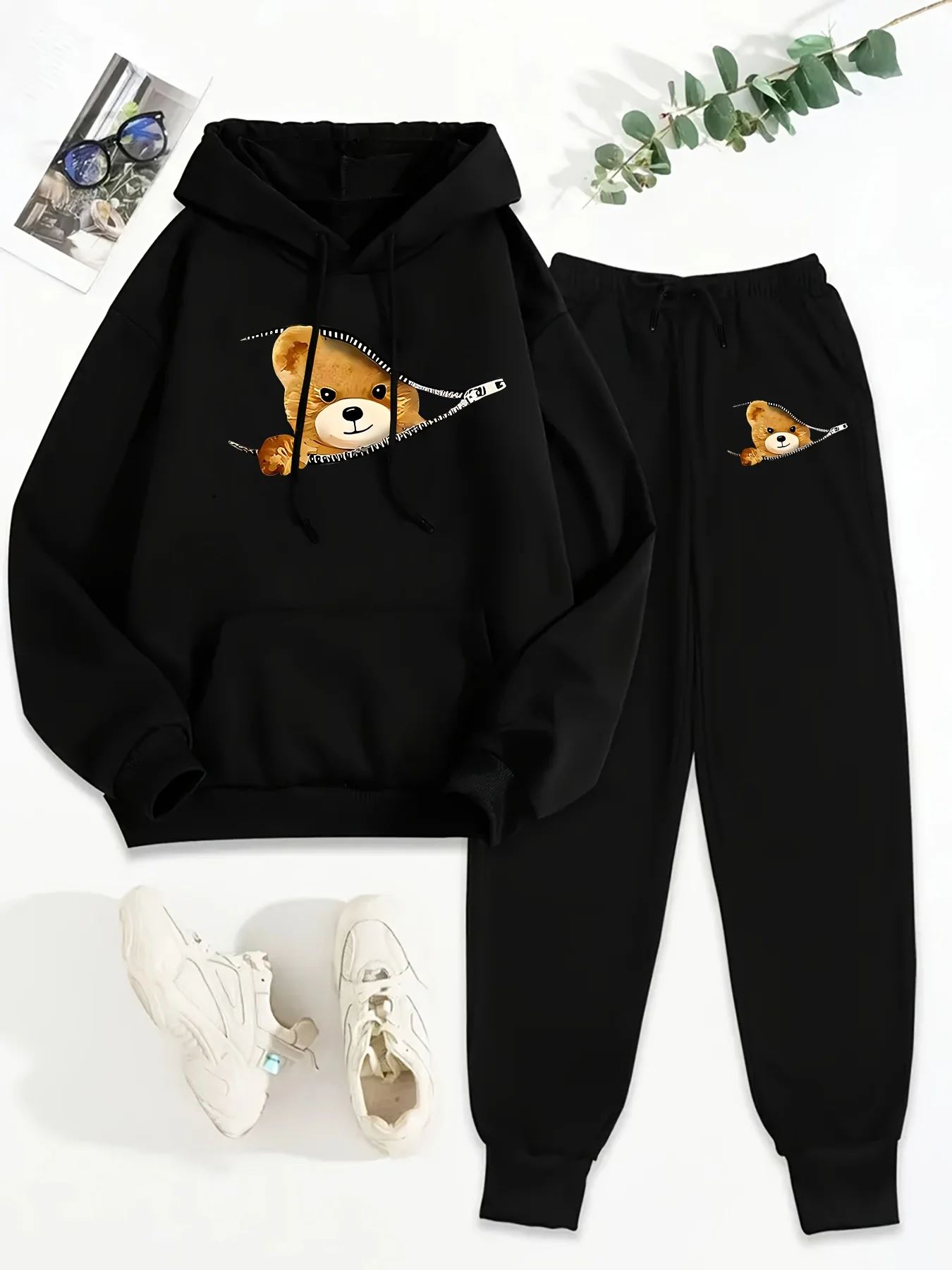 women Hoodies+sweatpant set Hip Hop Street Casual Printed Hoodie Oversize Loose New Sweatshirts Autumn Warm Fleece Clothing