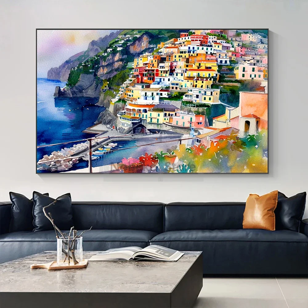 الإيطالية أمالفي كوست سيتي سكيب المشارك بوسيتانو المائية المشهد الساحلي يطبع حائط لوح رسم الفن ديكور غرفة المنزل