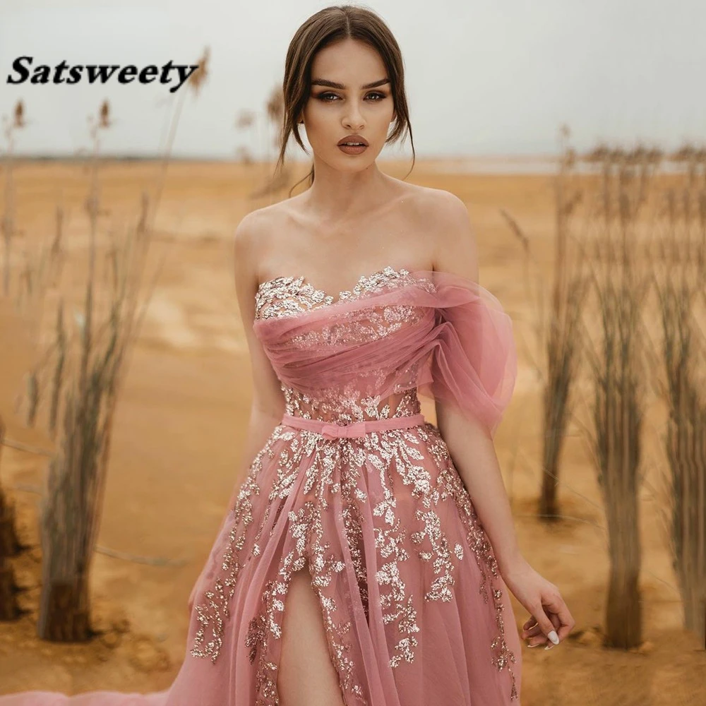 Pink A-Line Appliques Tulle Prom Dress Sweetheart One Shoulder Straps Evening Gowns Sexy High Slit Party