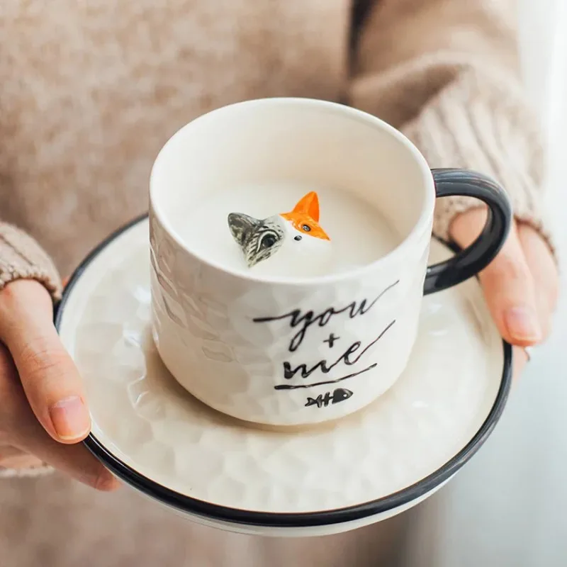 Tasse à café en céramique chat mignon de dessin animé moderne, tasse en porcelaine animale, cadeau d'anniversaire pour enfants, tasse à lait de petit-déjeuner