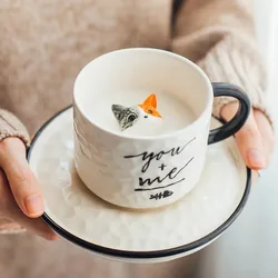 Modern Cartoon Cute Cat Ceramic Coffee Cup with Saucer Cute Cat Animal Porcelain Mug for Kids Birthday Gift Breakfast Milk Mug